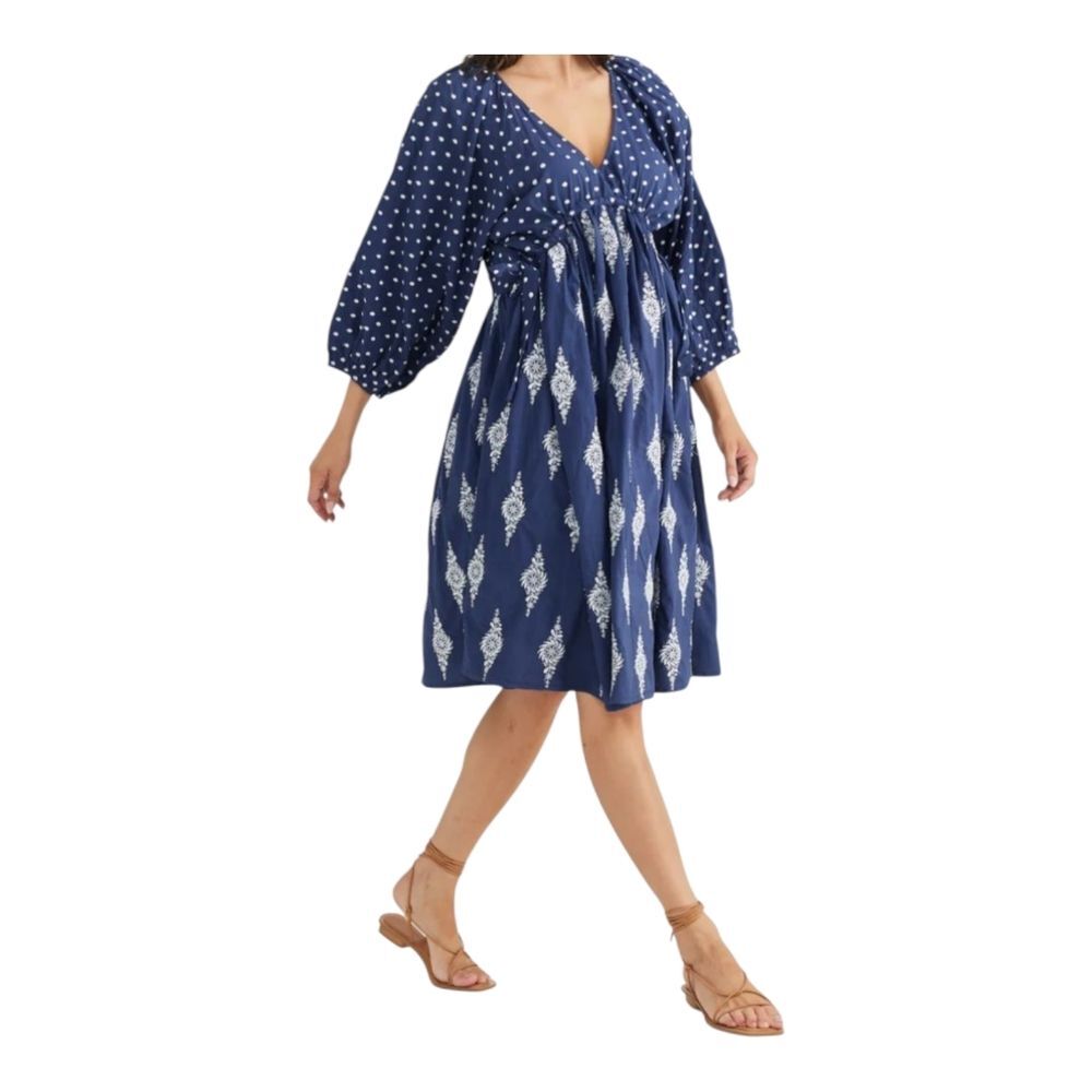 TALISMAN Gaia Dress Navy Blue 100% Cotton Lined Pockets Tie Back Embroidery  L